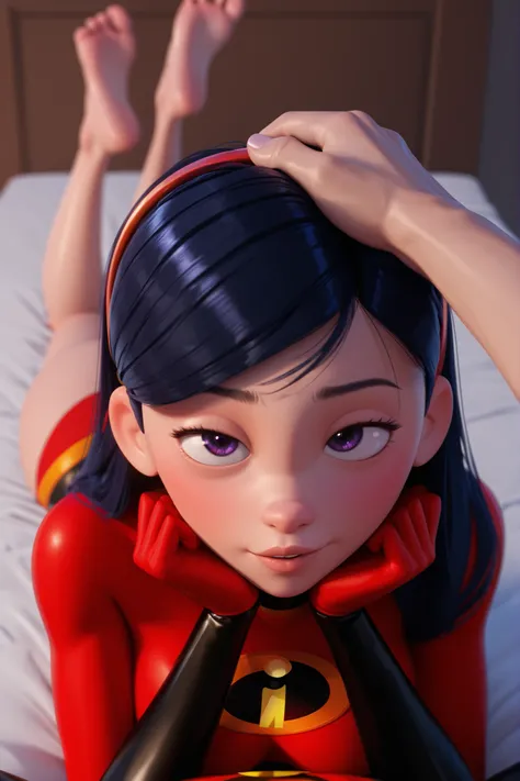 (violet parr), beautiful, big breasts, with half-open full lips, violet eyes, pov headpat, flustered, secretly happy, lying on top, feet up, head rest, incredibles costume, male pov, caressing hair