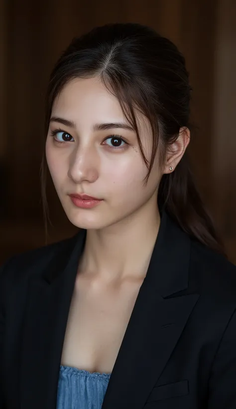 Neat Young Woman、looking at the camera、office lady suit、necklace、Ear piercings、Bob Hairstyle、brown hair、歯を見せた笑顔、、The background is a dim room、face close-up、
