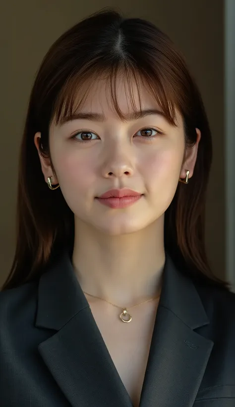 Neat Young Woman、looking at the camera、office lady suit、necklace、Ear piercings、、brown hair、歯を見せた笑顔、、The background is a dim room、face close-up、

