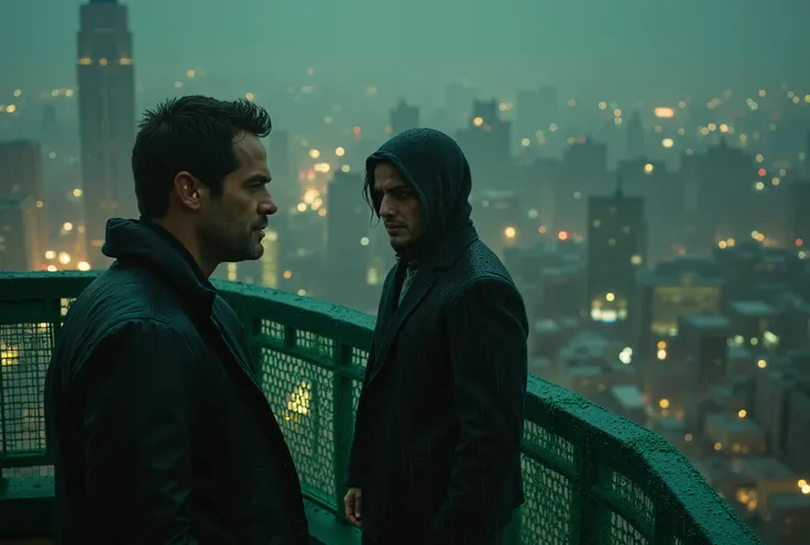 The detective is closing in on the criminal. photorealistic, 2 mans, rooftop of a skyscraper, green fencing nets, rain, midnight, city light,