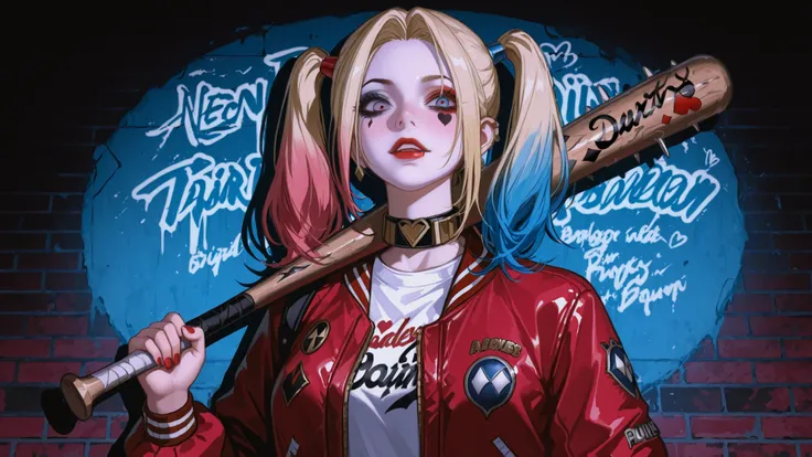 A semi-realistic female character，inspired by Harley Quinn, wearing a shiny red and blue bomber jacket,with a short dress.  blond hair is tied in two small pigtails, One dyed pink/and the other dyed blue. Dramatic eye makeup,painted with smudged red and bl...