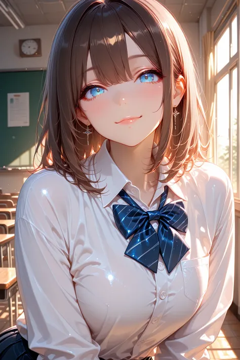 masterpiece, best quality, ultra detailed, 1girl, cute smile, school uniform, medium hair, brown hair, blue eyes, casual pose, sunny day, school background, soft lighting