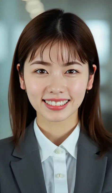 Neat Young Woman、looking at the camera、office lady suit、necklace、Ear piercings、、brown hair、hairstyle semi-long、smile showing teeth、背景はオフィスface close-up、
