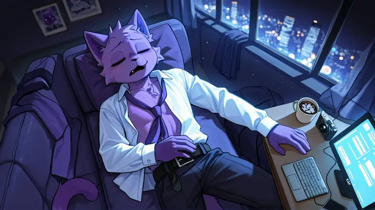 Highest Quality, super definition, loose tie hangs {x} Masterpiece main character：
purple cat,purple fur, furry, slim figure, young man, Cat ears,   unruly clothes：
large white shirt, loose necktie, bird's-eye angle from above, Bare Chest, tired details, l...