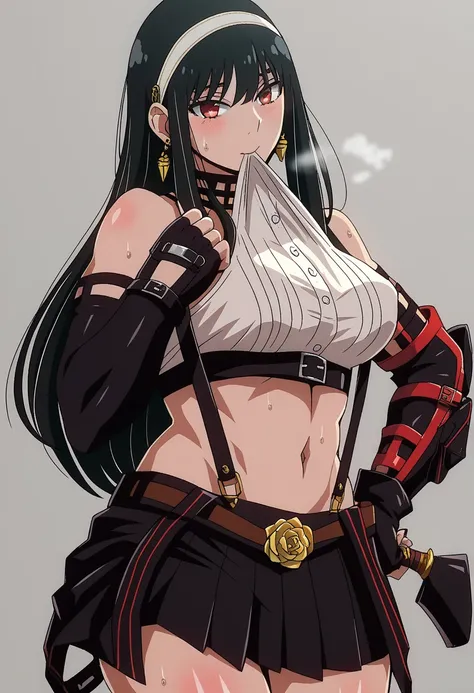 (Harayutaka-style), score_9, score_8_up, score_7_up, score_6_up, uncensored, your briar, black hair, long sidelocks, white hairband, red eyes, earrings, BREAK (masterpiece:1.2), best quality, high resolution, (beautiful detailed eyes:1.3), perfect lighting...
