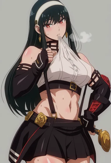 (Harayutaka-style), score_9, score_8_up, score_7_up, score_6_up, uncensored, your briar, black hair, long sidelocks, white hairband, red eyes, earrings, BREAK (masterpiece:1.2), best quality, high resolution, (beautiful detailed eyes:1.3), perfect lighting...