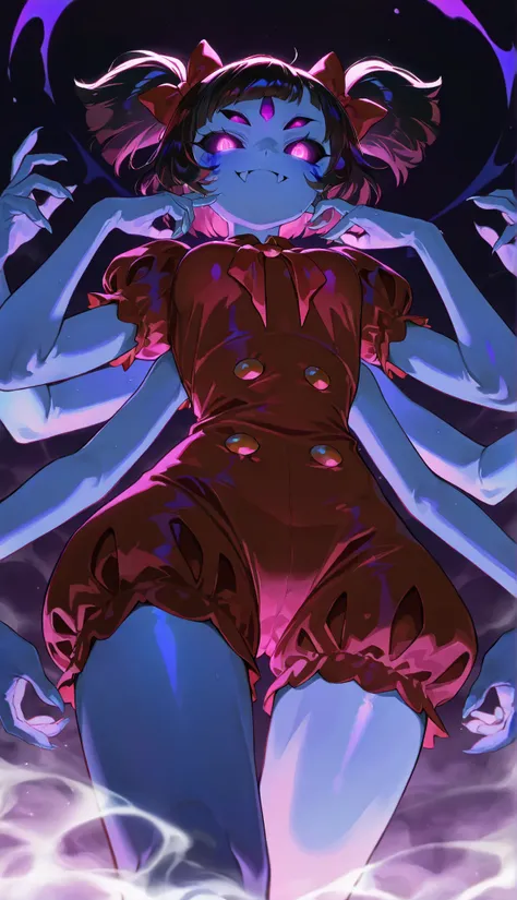 masterpiece, best quality, amazing quality, very aesthetic, absurdres, newest, scenery, 1girl,  <lora:MuffetV3:1>,  Muffet  \(undertale\), muffet, 3 sets of arms, wide_shot, from below, glowing eyes, looking at viewer, dark background, purple background, f...