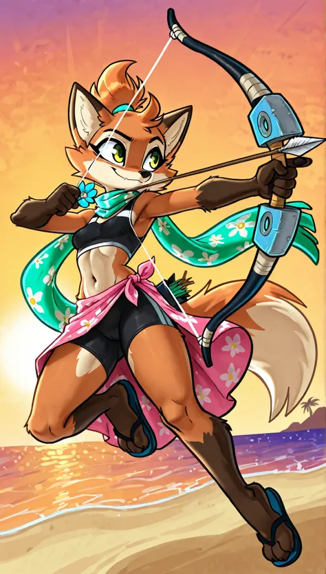 score_9, score_8_up, score_7_up, 1girl, source furry, absurdres, masterpiece, best quality, amazing quality, siroc, solo, dynamic angle, fleetfox, furry, fox, orange fur, green eyes, female, short hair, spiky pointed bangs tuft, fleetSummer, ((black tankin...