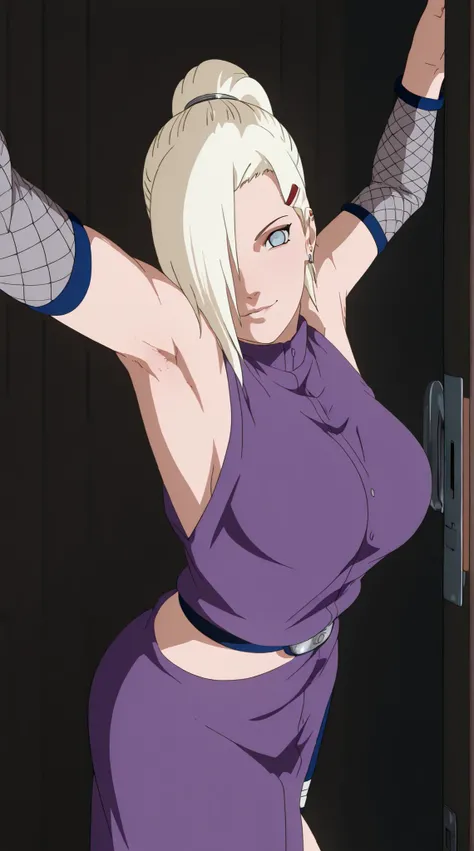 there is a cute teenager girl in a purple dress posing in he doorway of the bedroom's door for teasing, inspired by INO, ino yamanaka from naruto, (nsfw) not safe for work, rendered in sfm, anime art style, thicc, yamanaka ino, kunoichi, anime styled 2d, a...