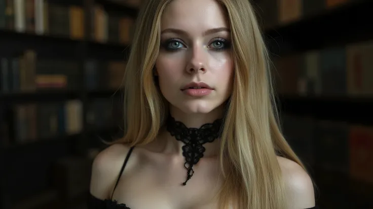 Create a photorealistic portrait of a stunningly beautiful Close-up blue eyes, blond young woman as a Ghotic courtesan 22 years old, with a sweet, girly appearance bearing a short off-the-shoulder black dress cinched with a black corset, fishnet tights, an...