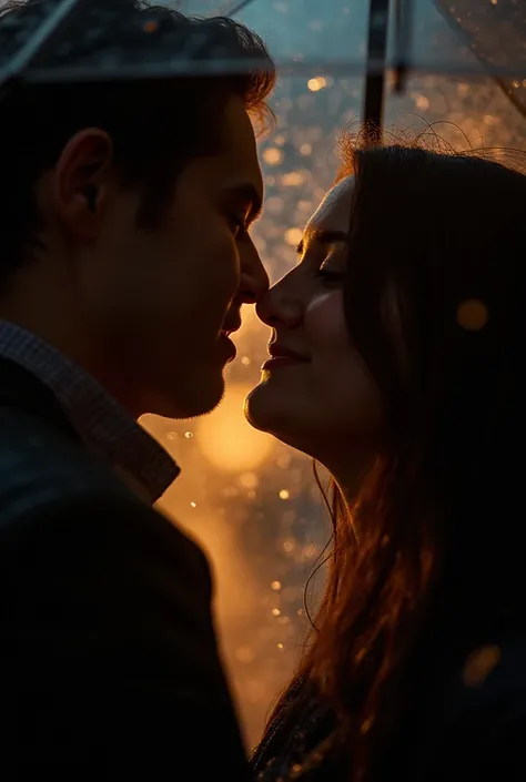Close-up of two people standing under an umbrella on a rainy night. Soft golden light from a downcast street lamp, highlight falling raindrops. Their faces reflect the peace and happiness of finding each other among the noisy city.