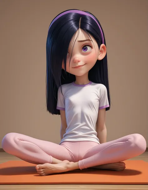 score_9, score_8_up, score_7_up, score_6_up, score_5_up, score_4_up, 1girl, VioletParr, purple headband, long black hair, hair covering one eye, sitting, her hands are behind her back, barefoot, purple eyes, small smile, white shirt, yoga pants, hot sexy l...