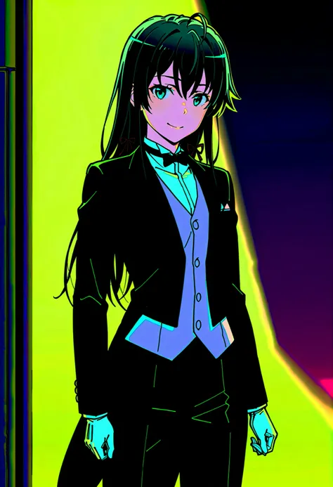 Yukinoshita Yukino, 1girl, white-skinned, hdr,UHD,8k, Best Quality, 巨作, A highly detailed, Ultra-high resolution panel, bright colours, cinematic lighting, slender, head tilted, aqua eyes, seducing smile, Straight Hair, medium hair, (Black hair), (human), ...