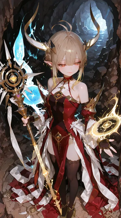 battlemage_neopresencia,1girl,solo,gradient hair,blonde hair,long hair,ahoge,red eyes,horns,twintails,pointy ears,red dress,two-tone dress,feathers,gold trim,armor,detached sleeves,bare shoulders,high heels,yellow footwear,black thighhighs,gloves,fingerles...