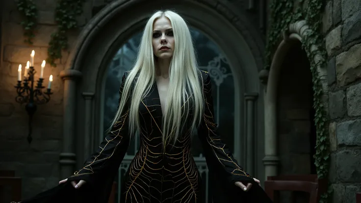 The image depicts a high-quality, HD representation of a pale-skinned vampire lady with striking long white hair cascading down her shoulders. She is elegantly draped in a black and gold silk suit that resembles the intricate patterns of a spider's web, sh...