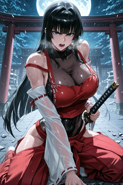 handfixer,Japanese background,SOLO,A mature Female,sendai hakurei no miko,red hakama(Broken), solo,Silk leotard under clothes(Broken), black silk leotard(See-through), japanese clothes(Broken),(((Clothes shattered))),(Broken Clothes), nontraditional miko, ...