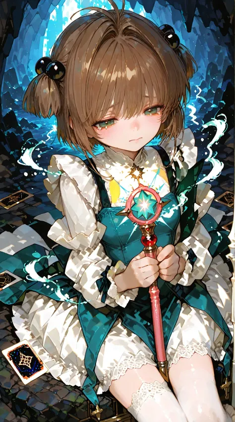 748cmstyle,Outstanding Works,Slightly realistic, Excellent quality, is very beautiful, 超High Resolution, High Resolution,anime style,,visiosomni,atnr,1girl,Mature women. Cool girls. kinomoto sakura, antenna hair, brown hair, short hair, twintails, green ey...