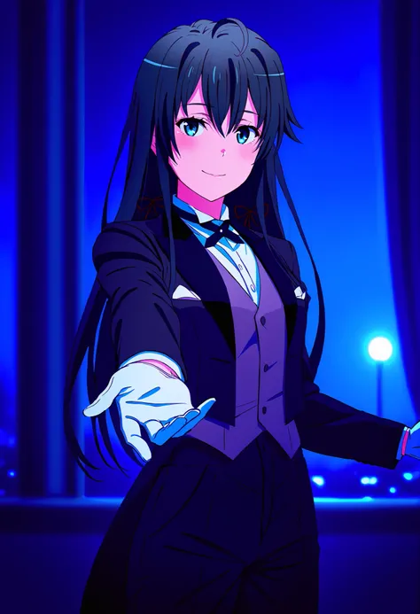 Yukinoshita Yukino, 1girl, white-skinned, hdr,UHD,8k, Best Quality, 巨作, A highly detailed, Ultra-high resolution panel, , cinematic lighting, slender, head tilted, aqua eyes, seducing smile, Straight Hair,tuxedo tailcoat, vest under tailcoat, hair, (Black...