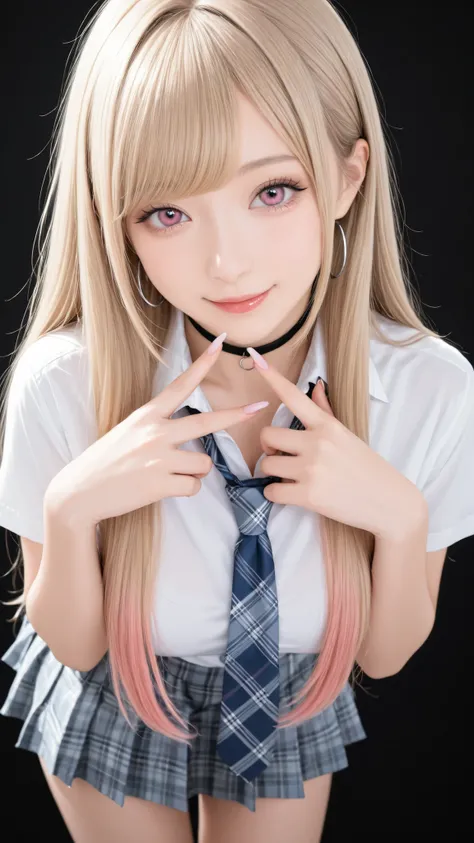 masterpiece,very detailed,realistic,realistic,Highest Quality,8K,Calm Lighting,1girl,long lashes,pink eyes,swept bangs,Light-colored hair,(blond hair with pink tips),long straight hair,white skin,Smile Yan,Beautiful long nails,attractive proportions,white ...