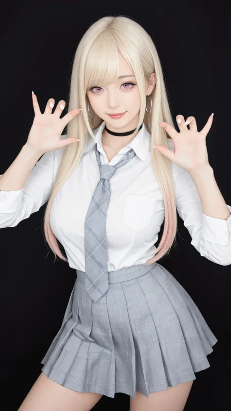 masterpiece,very detailed,realistic,realistic,Highest Quality,8K,Calm Lighting,1girl,long lashes,pink eyes,swept bangs,Light-colored hair,(blond hair with pink tips),long straight hair,white skin,naughty face,Beautiful long nails,attractive proportions,whi...