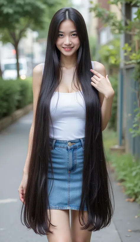 Very cute and young Asian girl with dimples.she is standing .She wears a very tight sleeveless and strapless white tube dress , fitted tight denim mini skirt and white high heels. She has the longest black hair .Cô ấy có mái light black hair dài nhất dài t...
