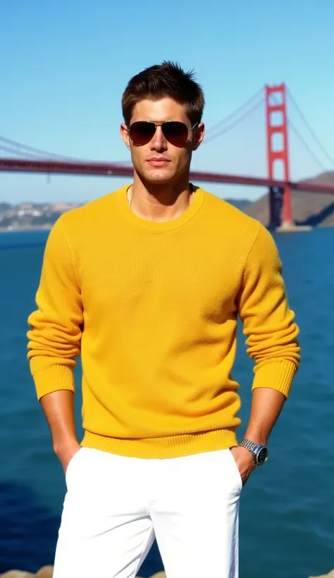 Stylish Jensen Ackles posing outdoors, wearing a fitted mustard yellow knitted sweater, elegant white pants, aviator sunglasses and wristwatch. Background with iconic bridge and blue sea, dia ensolarado, men's fashion portrait style, realistic high definit...