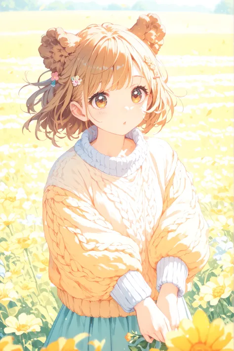 masterpiece, Ultimate Details, RAW pictures, Pretty Woman, loose fluffy perm, brown ear hairpin, bright smiles, Round eyes, yellow and brown color scheme outfit, Fluffy Sweater, Flower field, spring sunshine, idyllic atmosphere