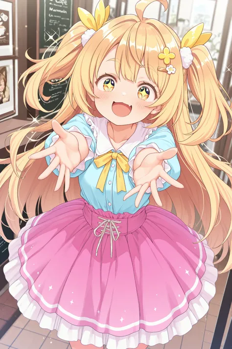 High Quality, picture that follows the skin, 8K quality, Smiling Woman, Fluffy Long Hair, brown and yellow hair accessories, Adorable gestures, sparkling eyes, pastel clothes, fluffy skirt, cafe terrace with chairs, Asahi, happy expression