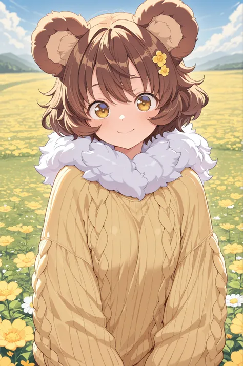 masterpiece, Ultimate Details, RAW pictures, Pretty Woman, loose fluffy perm, brown ear hairpin, bright smiles, Round eyes, yellow and brown color scheme outfit, Fluffy Sweater, Flower field, spring sunshine, idyllic atmosphere