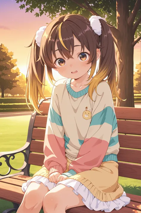 Highest Quality, picture that follows the skin, super high resolution, young woman, twin tails, Yellow and Brown Gradation Hair, cute expression, shining eyes, bicolor sweater , fluffy skirt, Park Bench, at dusk, gentle atmosphere, Warm Light