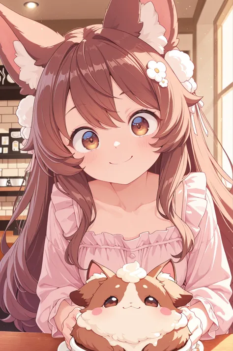 High Quality, masterpiece, Ultimate Details, 1 girl, fluffy brown hair, fluffy ear-shaped hair ornament, Adorable Smile, big eyes, pink cheeks, fluffy cream colored dress, Brown fur pet, Warm light, relax at a cafe, heartwarming vibe , Soft Tones