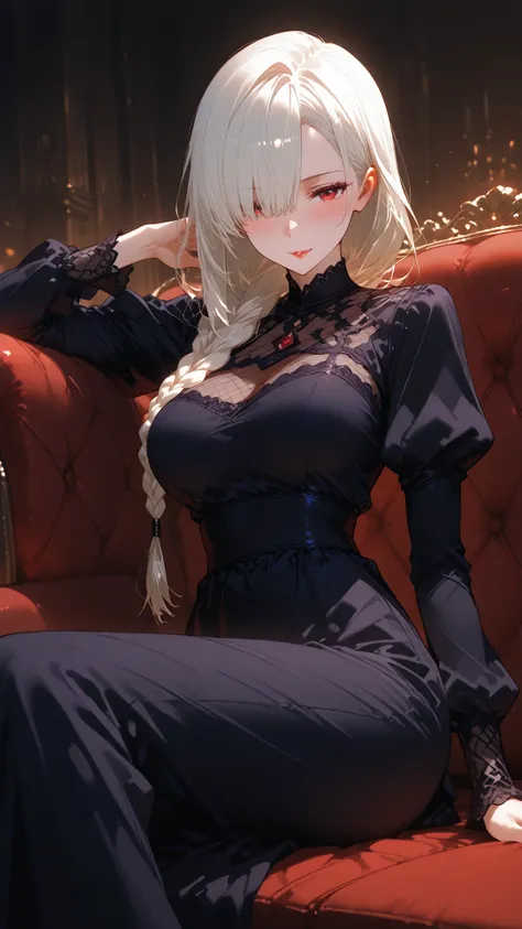 masterpiece ,Super Detailed ,beautiful face,cute,1girl,mei mei,long hair,braid,lipstick,dress,hair over one eye,long sleeves, , graceful posing , beautiful and graceful pose ,sitting couch ,Vibrant shot ,Blush ,seductive eyes ,side angle view, dark theme 