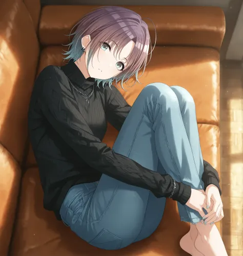 masterpiece,best quality, good quality, ((from above)) ,,indoors,((cinematic light)) shanimas, source_anime,asakura toru, short hair, brown hair, blue hair, blue eyes, 1girl, solo, looking at viewer , ahoge, , earrings, (black sweater ,high neck knit), l...