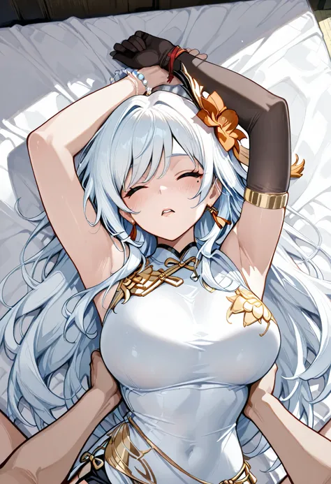 My jaw is greatly curved,Raise a panting voice,Writhing violently,Big Wobble ,I'm closing my eyes,her lover wraps her arms around her back and hugs her,,Armlet on left arm,Handmade bracelet,sleeveless china ,anime girl,long white hair,and a flower in her h...