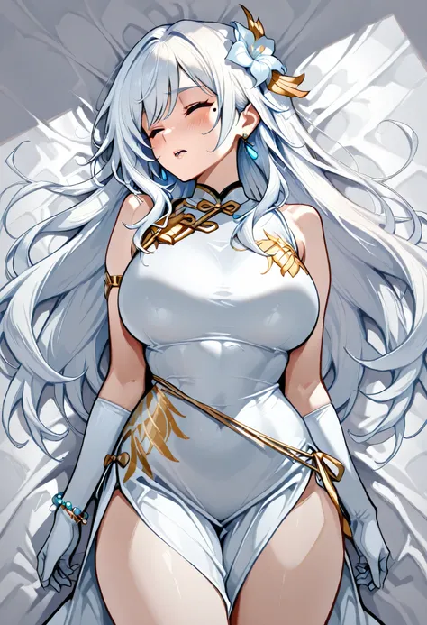 My jaw is greatly curved,Raise a panting voice,Writhing violently,,I'm closing my eyes,her lover wraps her arms around her back and hugs her,Naturally, her back curves a lot,Armlet on left arm,Handmade bracelet,sleeveless china ,anime girl,long white hair,...