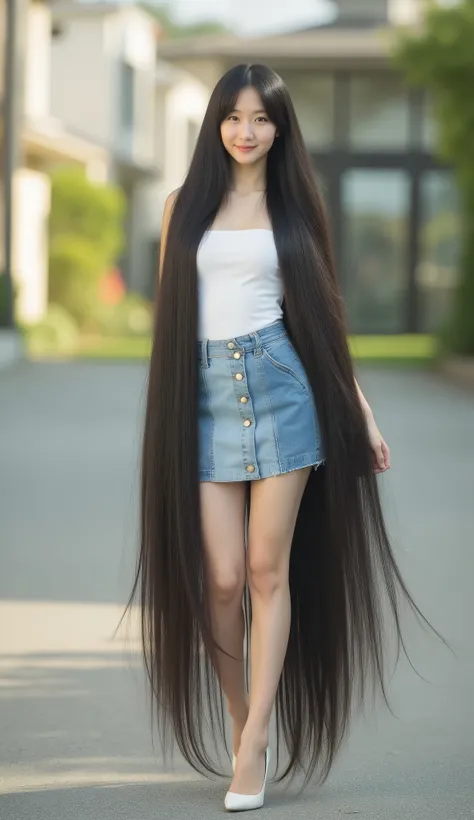 Actor Asuka Santo is cute and young with dimples.she is standing .She wears a very tight sleeveless and strapless white dress , fitted tight denim mini skirt and white high heel. She has the longest black hair .She has the longest light black hair up to 8 ...