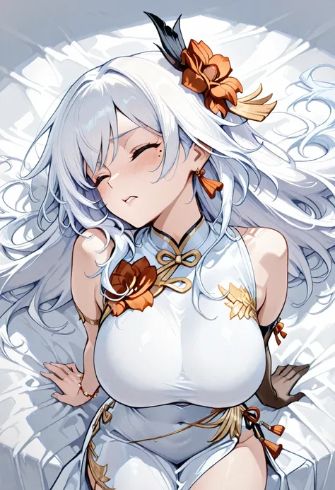My jaw is greatly curved,Raise a panting voice,Writhing violently,,I'm closing my eyes,When a lover lifts her, her back naturally curves a lot,Armlet on left arm,Handmade bracelet,sleeveless china ,anime girl,long white hair,and a flower in her hair,Anime ...