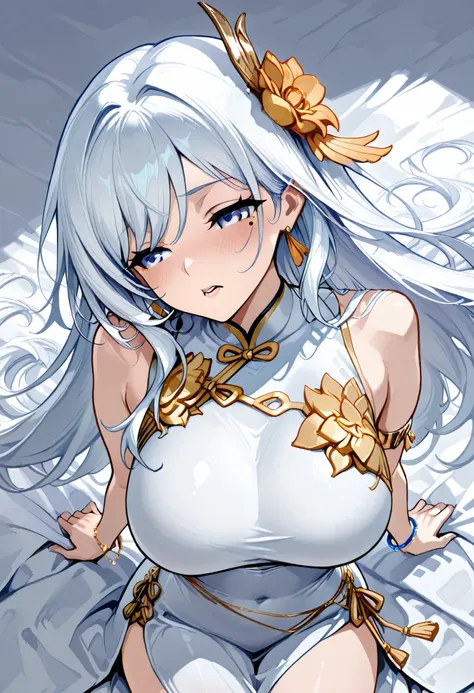 My jaw is greatly curved,Raise a panting voice,violently agitating half-closed eyes,Lover grabs her chest,Armlet on left arm,Handmade bracelet,sleeveless china ,anime girl,long white hair,and a flower in her hair,Anime Goddess,Zodiac knight portrait girl w...