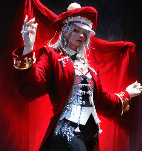 ultra-detail, Top quality, photorealistic, circus arena, clowns in colorful costumes, jugglers with burning torches, trained tigers, elegant tamer in a tailcoat, silver glitter, red velvet curtain, magical circus atmosphere