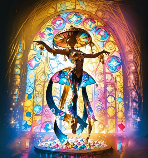 high quality photography, ultra-detail, impeccable quality, graceful acrobat in a sparkling suit, iridescent stained glass windows under the circus dome, hundreds of iridescent soap bubbles, colorful rays of light, golden sparkles in the air, silk ribbons ...