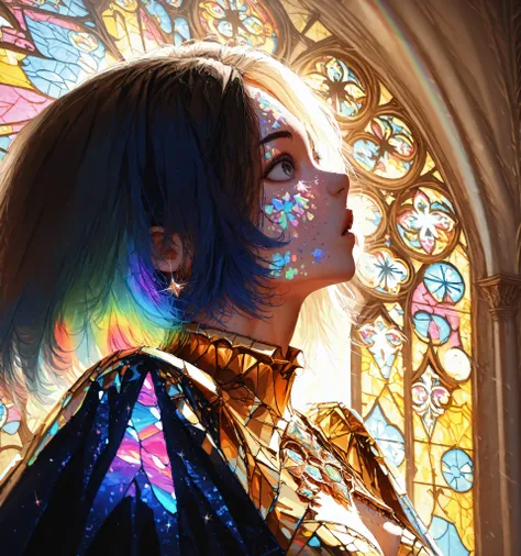 A masterpiece, high resolution, photorealism, aerialist in flight, stained glass patterns are reflected in the arena, giant rainbow bubbles surround the acrobat, sparkling suit with rhinestones, colorful spotlights , iridescent highlights on skin, magical...