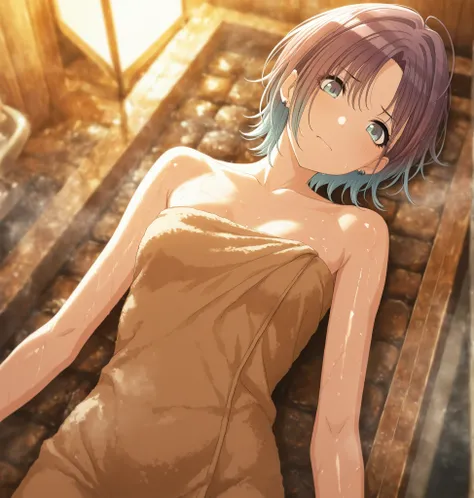 masterpiece,best quality, good quality, from above ,,indoors,((cinematic light)) shanimas, source_anime,asakura toru, short hair, brown hair, blue hair, blue eyes, parted bangs, 1girl, solo, looking down , ahoge, earrings, (naked towel, brown towel), , (...