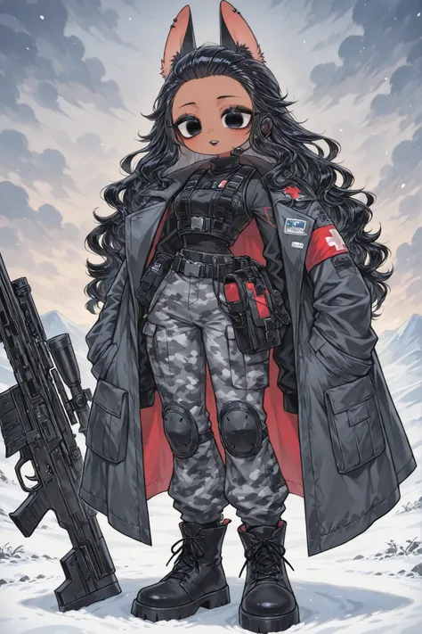(edanoma_meu_illu,) The woman is a Military paramedic. She has slim build, small breasts, narrow hips. She has dark tanned skin. She has jet-black short wavy hair slicked back. She has black eyes. She has red lipstick and black eyeshadow. She is wearing a ...