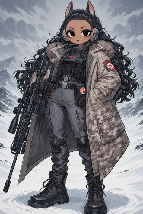 (edanoma_meu_illu,) The woman is a Military paramedic. She has slim build, small breasts, narrow hips. She has dark tanned skin. She has jet-black short wavy hair slicked back. She has black eyes. She has red lipstick and black eyeshadow. She is wearing a ...