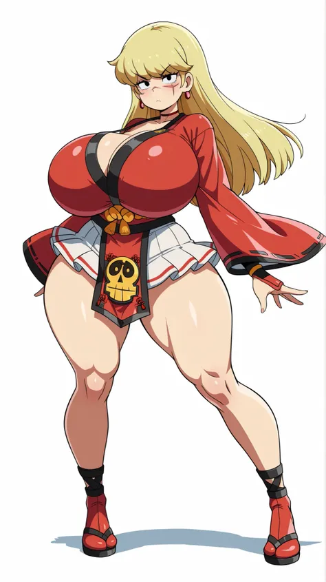 White background, source_show, Loud House, Leni Loud, solo, 1girl, curvy, voluptuous body, extremely huge breasts, wide hips, thick thighs, serious expression, blonde hair, black eyes, facial scar, standing, Jam Kuradoberi cosplay, Guilty Gear Strive artst...
