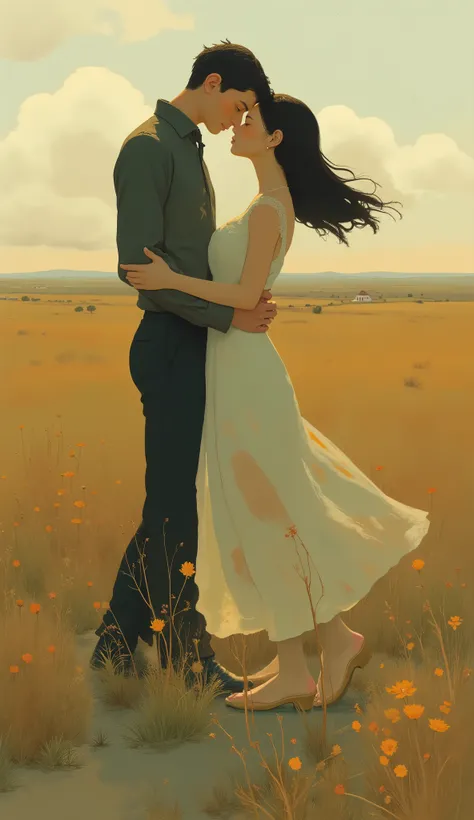 painting of a Couple dancing in a field with a sky background, Couple dancing, Dancing gracefully, Dancing to each other, Dancers, Dancing Grace Free,  DANCE SCENE , Sophisticated High Art, Dancing on the beach, by Paul Davis,  graceful and sophisticated p...