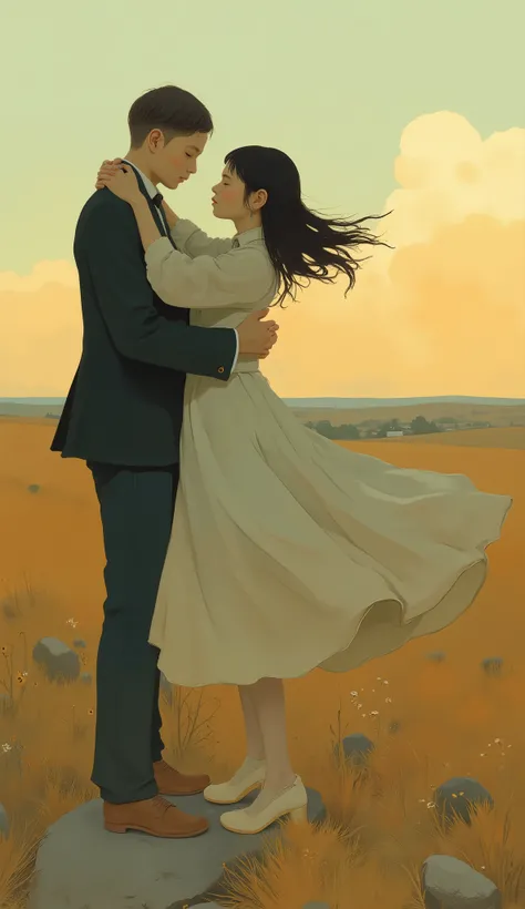 painting of a Couple dancing in a field with a sky background, Couple dancing, Dancing gracefully, Dancing to each other, Dancers, Dancing Grace Free,  DANCE SCENE , Sophisticated High Art, Dancing on the beach, by Paul Davis,  graceful and sophisticated p...