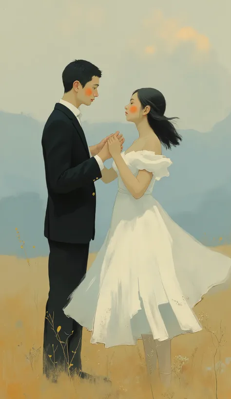 In this textured painting, a couple is depicted dancing gracefully in an open field. The man, dressed in a black suit with a white shirt, holds the hand of the woman, leading her in a twirl. She wears an elegant white dress that flows with her movement, ad...