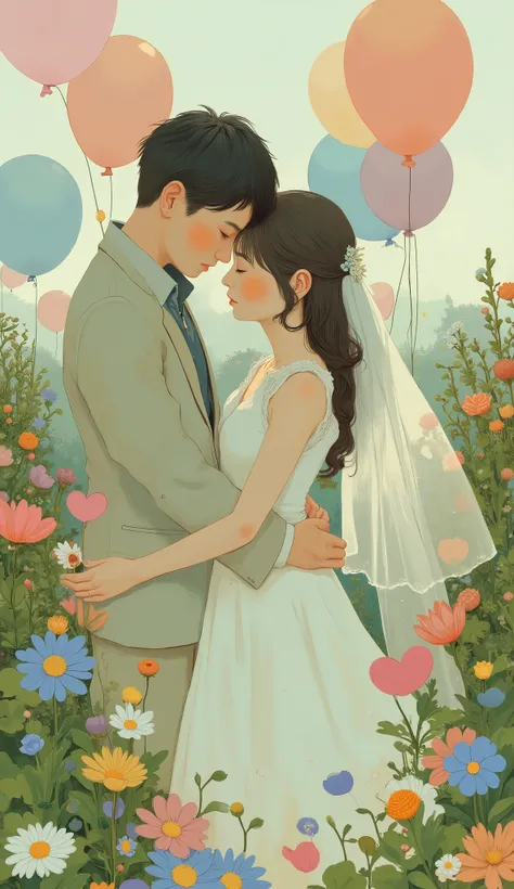 A romantic illustration of a couple deeply entwined in a gentle embrace, situated in a whimsical garden. The woman is adorned in a flowing white dress, suggestive of a wedding gown, complemented by a sheer veil cascading down her back. Her closed eyes and ...