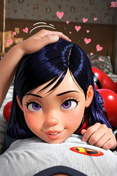 Masterpiece, highres 4k, UHD, very detailed, (violet parr), beautiful, with half-open full lips, violet eyes, red incredibles suit, 3d animation, pixar, 1girl on side, lying on side,caressing hair, plump lips, sleeping, happy, male pov, resting head, snugg...